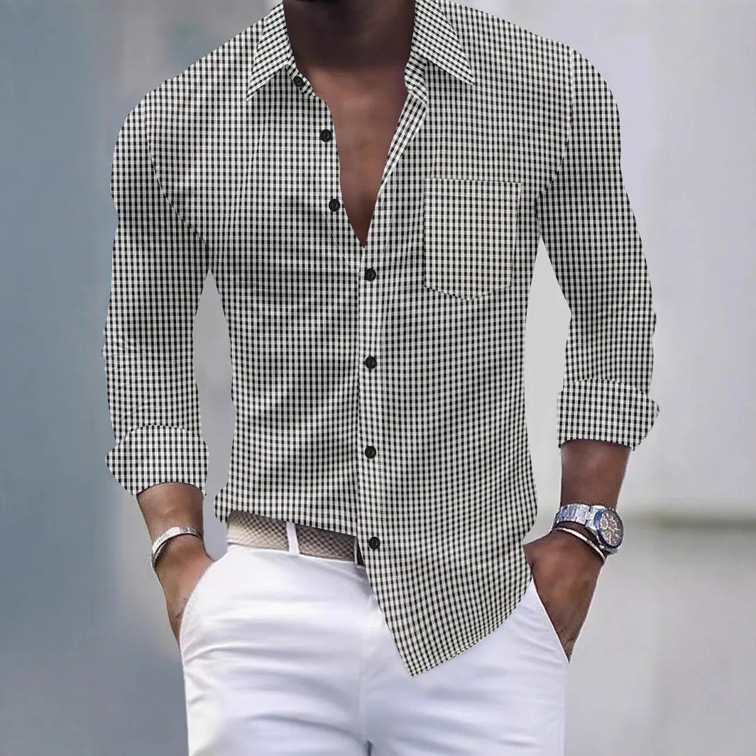Men's Shirt - New Spring-Autumn Style Business Casual Solid Check Pockets Design Collar Buttoned Long-Sleeved Shirt