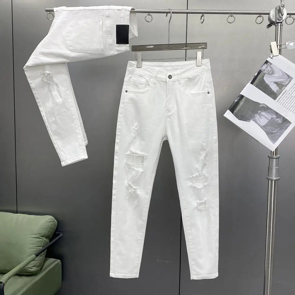 Ripped Jeans Men's Summer Thin Casual Elastic Versatile White Jeans Men's Korean Trendy Pants denim men clothing cargo pants