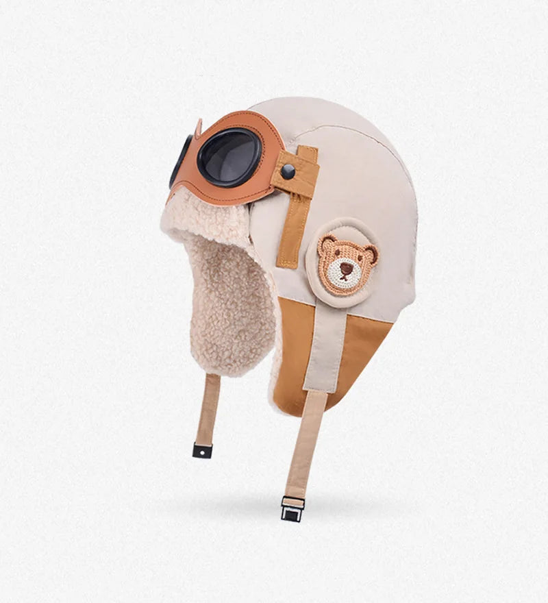 Winter Kids Skiing Hat with Detachable Goggles Kids Beanie Protect Ears Fleece Lining Children Bonnet Cap for Boys Girls 4-12Y