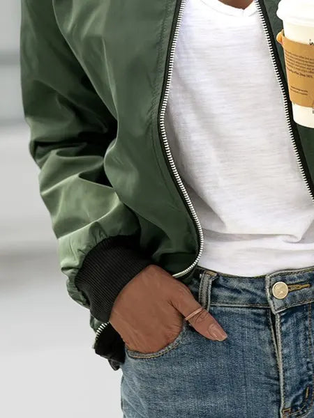 Women Fashion Casual Jacket 2025 Autumn Solid Color Spring Coat Long Sleeve Stand Collar Zipper Basic Women Motorcycle Jackets