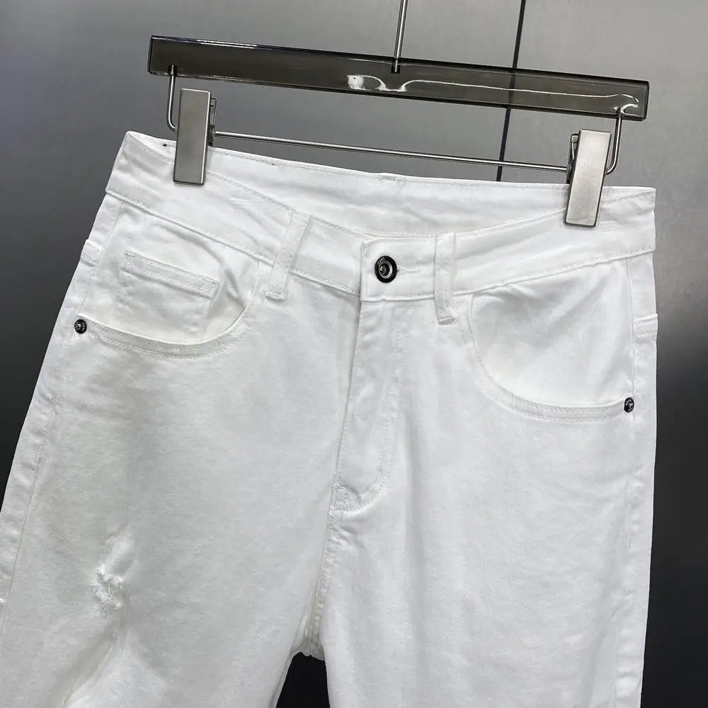 Ripped Jeans Men's Summer Thin Casual Elastic Versatile White Jeans Men's Korean Trendy Pants denim men clothing cargo pants