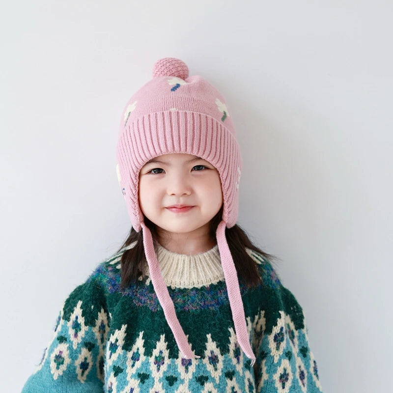 5 Colors Winter Girls Pink Hat Cute Ear Protection Cap Kids Warm Knitted Beanie Hats Outdoor Baby Headwear Accessories 2-8Y