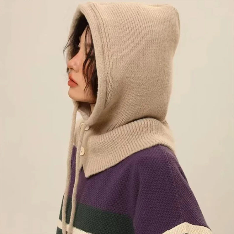 Fashion Winter Hats Scarf Set Wool Knitted Hooded Caps Balaclava Neck Warmer Scarf Shawl Gothic Pullover Hat Beanies Bonnet