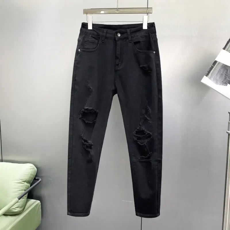 Ripped Jeans Men's Summer Thin Casual Elastic Versatile White Jeans Men's Korean Trendy Pants denim men clothing cargo pants