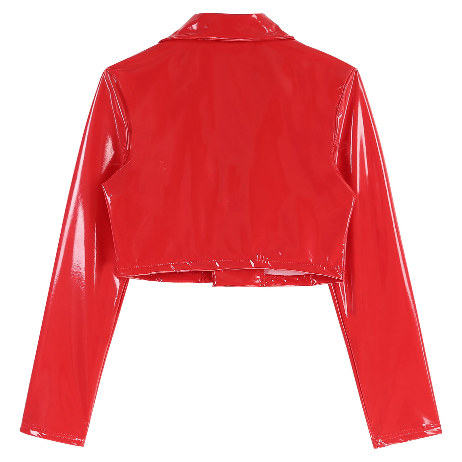 Womens Fashion Black Red Motorcycle Jacket Wet Look Music Festival Clubwear Long Sleeve Patent Leather Lapel Cropped Coat