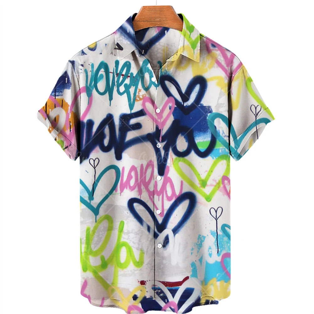 Hawaiian men's shirts, breathable, loose, with graffiti patterns of love, a popular trend in Europe and the United States cheap