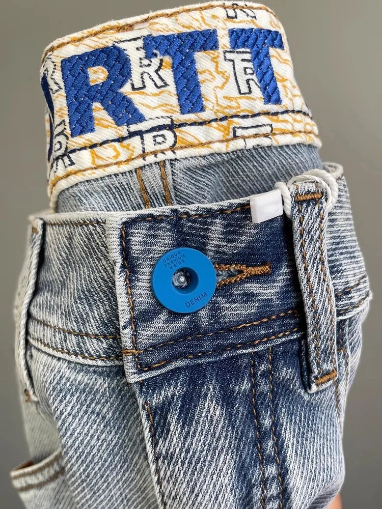 Light Blue Embroidered Jeans Men's Summer Slim Fit Nine-Piece Waed Casual Pants Breathable Straight Leg Jeans Youth Trend