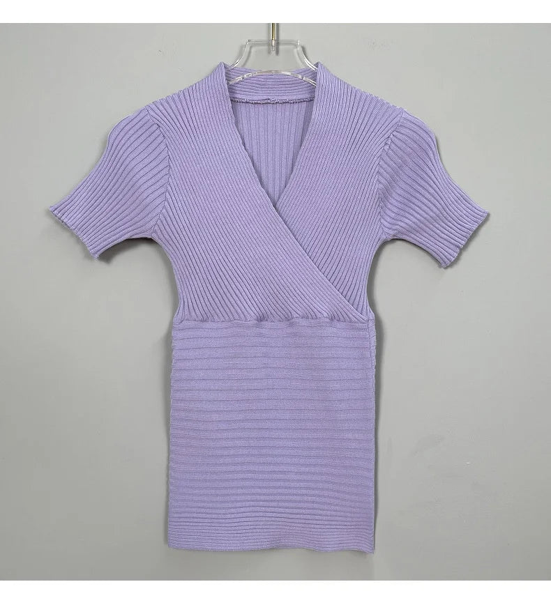 WOMENGAGA Korea Sexy V-neck High Waist Large Chest Tight Thin Knit Short Sleeve T-shirt Women's Hot Sexy Korean Women Tees 5INW