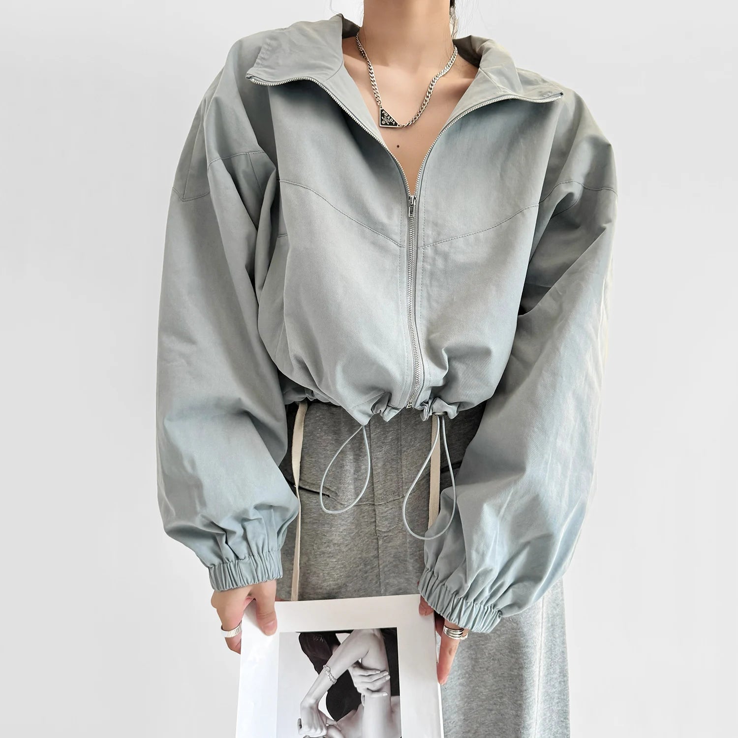 Women's Cropped Utility Jacket - Drop Shoulder Drawstring Hem Ribbed Cuffs Lightweight Cotton