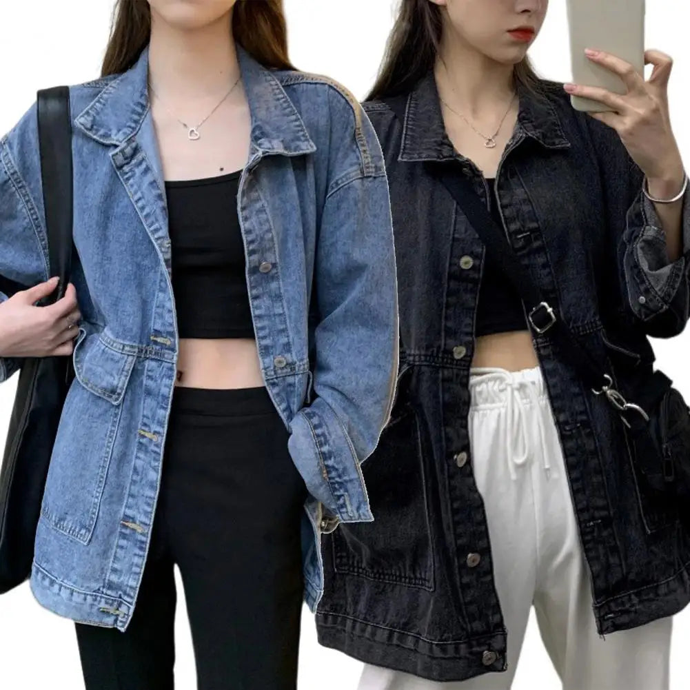 Women Jacket Washed Denim Single-breasted Cardigan Buttons Keep Warm Long Sleeves Turn-down Collar Women Coat Female Clothes