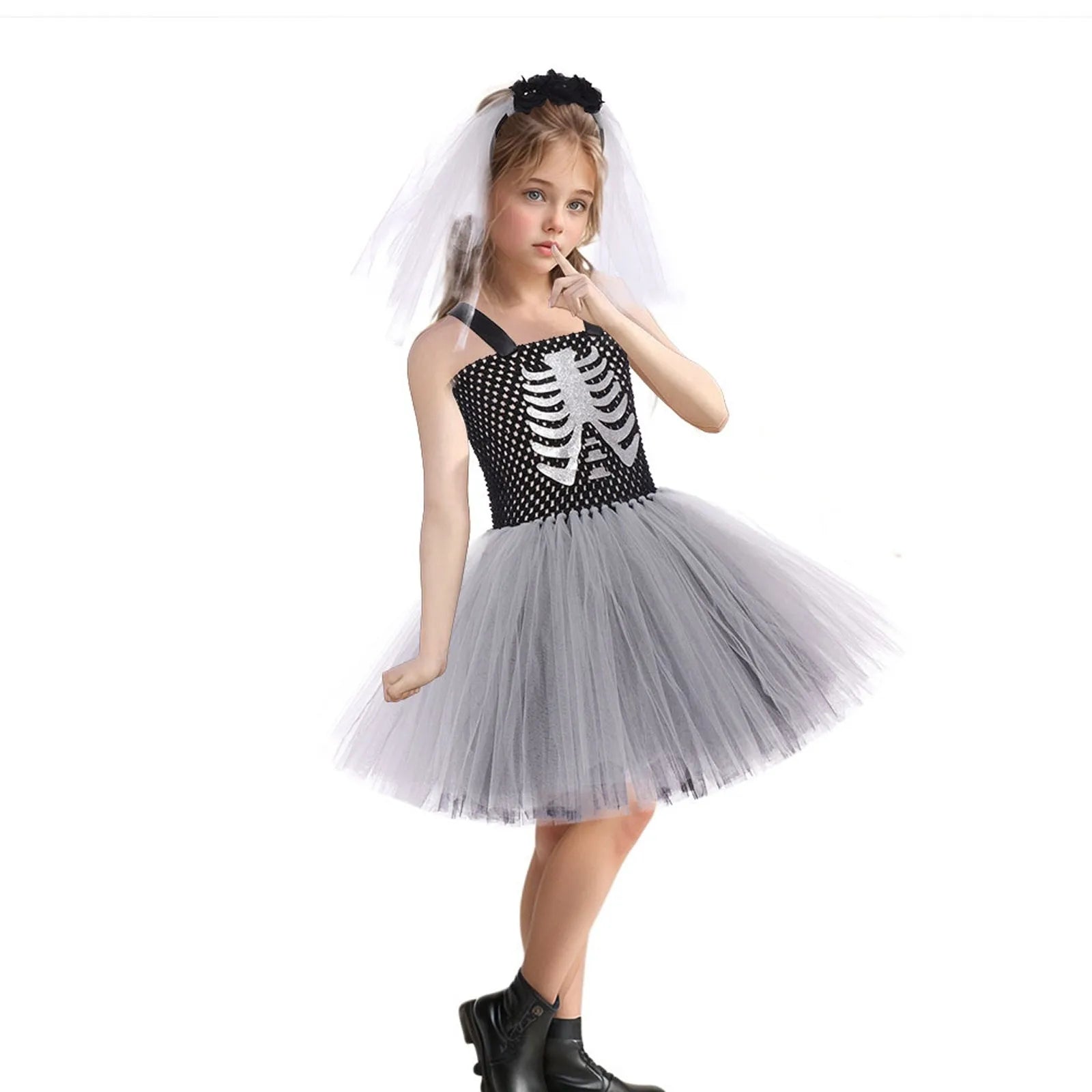 Halloween Terror Costumes For Girls Black White Ghost Scary Outfits Halloween Skeleton Fancy Tutu Dress For Kids