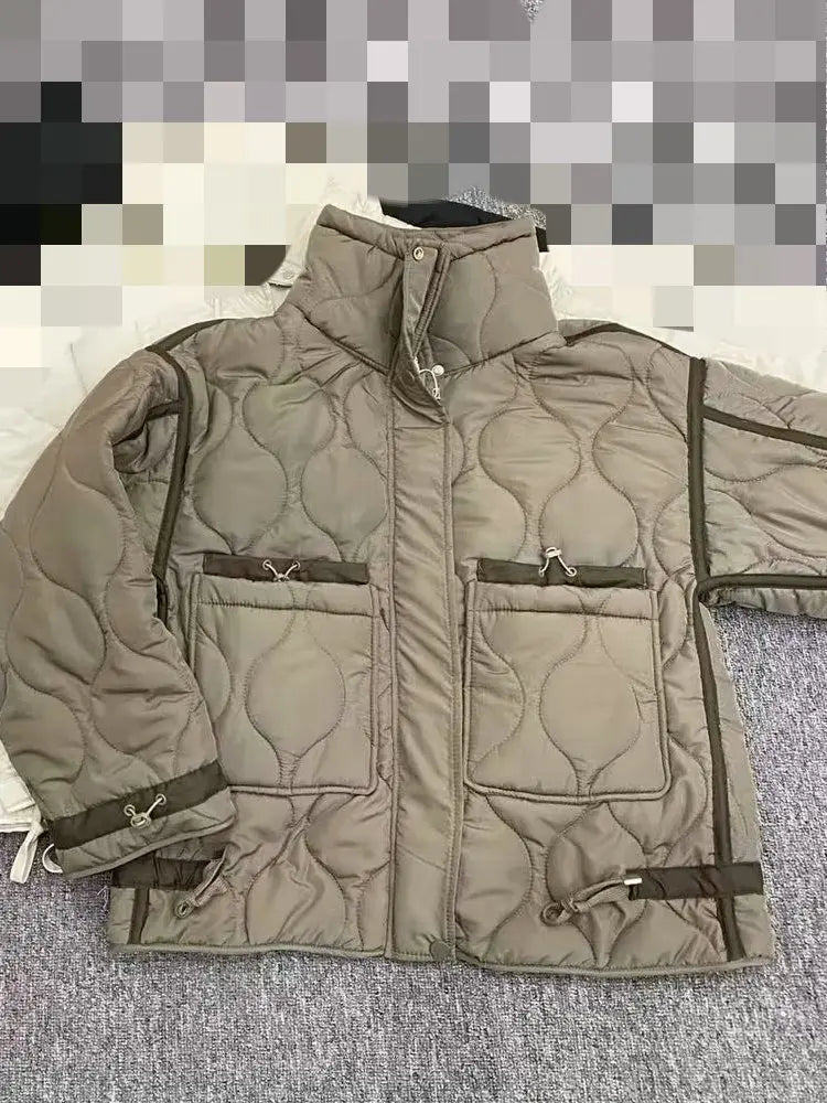 Quilted coat for women ETJ 2024traf QUILTED JACKET WITH TIES new beige drawstring high neck pocket clip cotton jacket for women