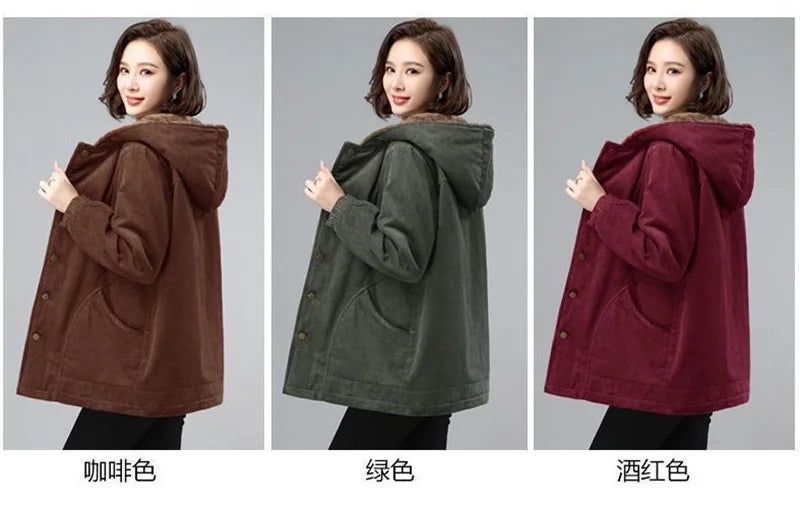 Women Corduroy Jackets 2025 New Autumn Winter Solid Loose Coat Female Casual Middle-Aged Plus Velvet Warm Hooded Ladies Overcoat