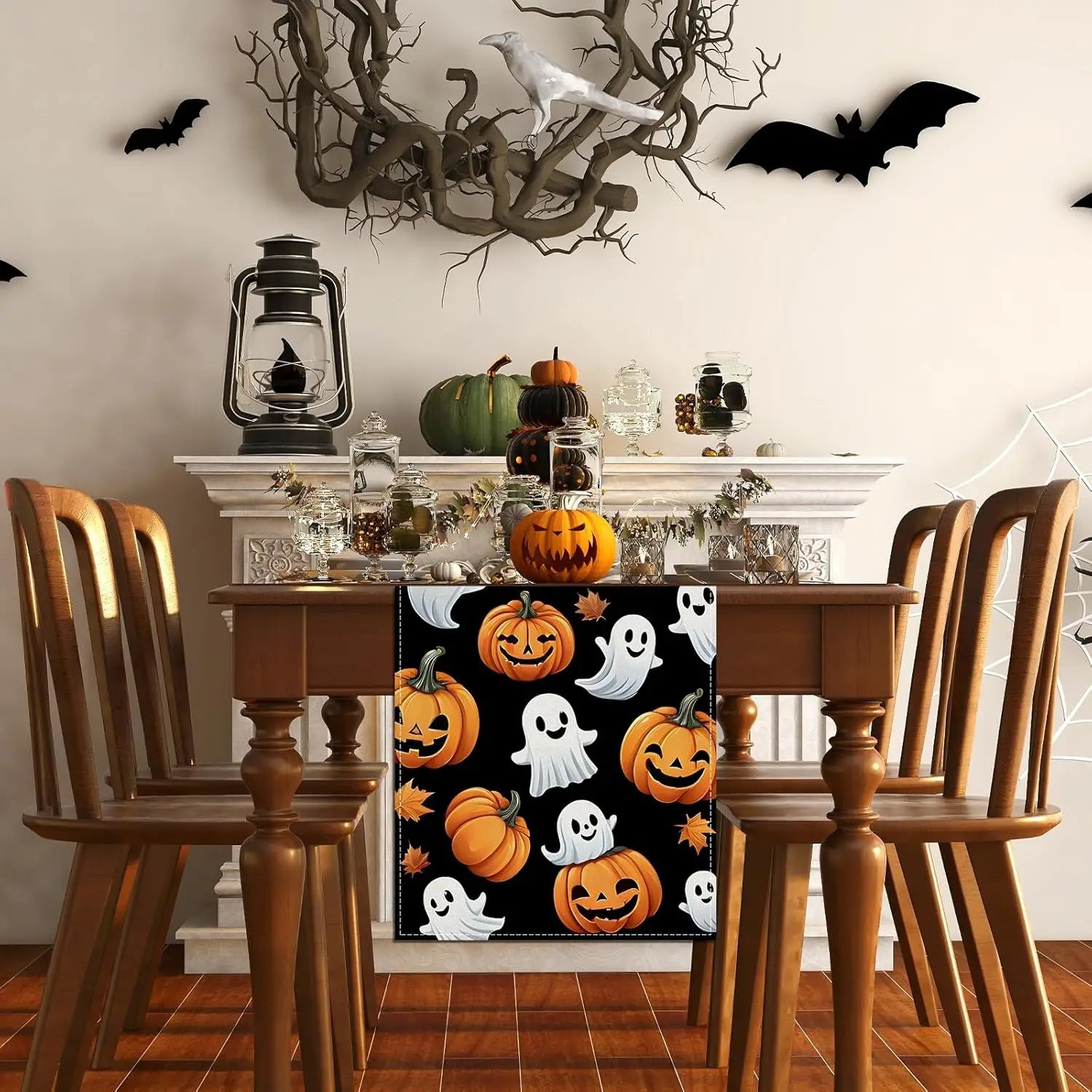 Halloween Polka Dot Ghost Pumpkin Cat Polyester Table Runners Party Decor Reusable Dining Table Runners Halloween Decoration