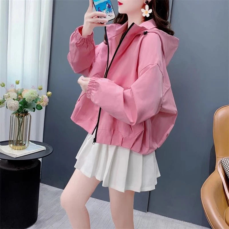 Women Loose Short Hooded Jacket 2025 Autumn New Casual Fashion Windbreaker Women Solid Color Trendy Jacket Outwear Streetwear