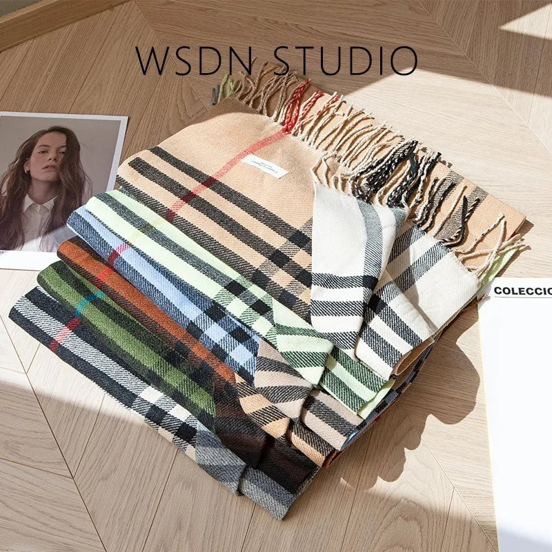 Autumn and Winter New Arrival Tassel Long Scarf Striped Fashion Cowl Neck Warm Fuzzy Color Block Wrap