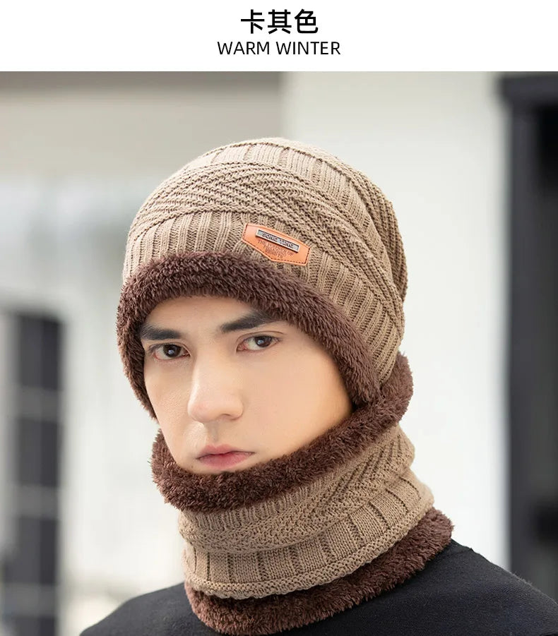 Winter Hat For Men Fleece Scarf Women Neck Leather Knitted Cap Thick Wool Neck Warmer Balaclava Ski Mask Skullies Beanies