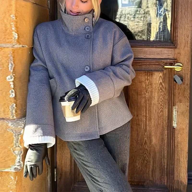 2025 Fall and Winter Women's Jacket Elegant Stand Collar Single Breasted Buttoned Loose Coat Woolen Solid Women Coat Outwears