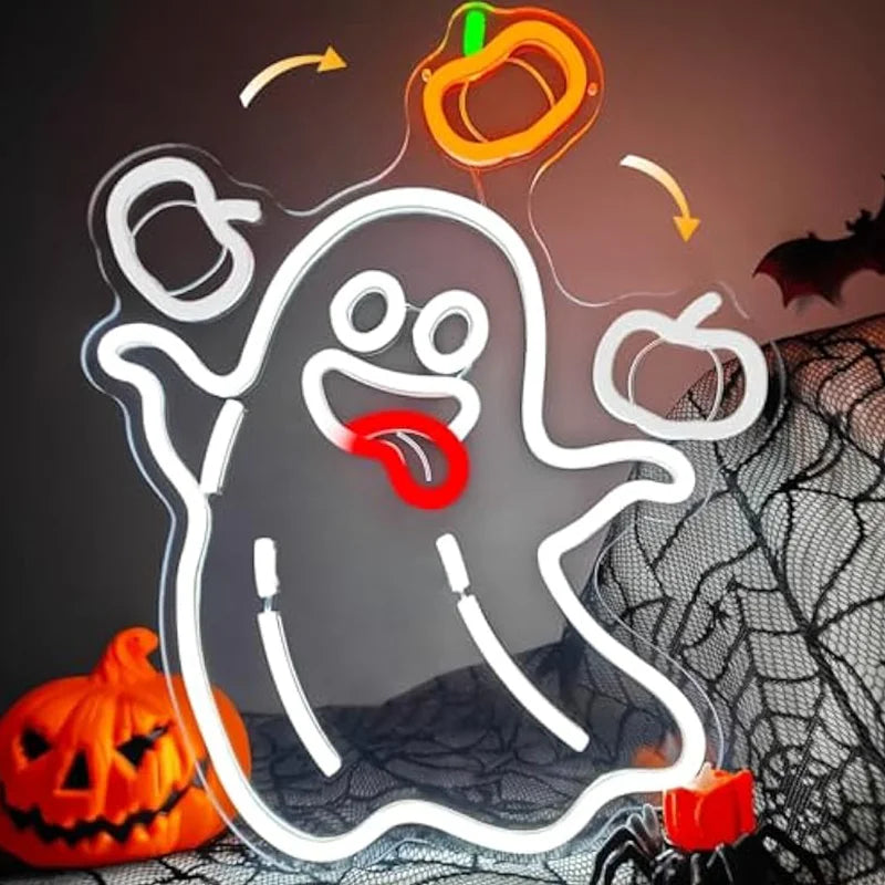 Halloween A Ghost Throwing Pumpkin Neon Sign For Wall Decor Ghost Led Sign for Bar Man Cave Horror Party Game Room