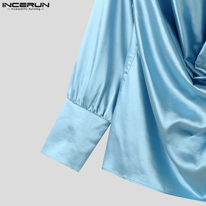 Men Shirts Casual Stylish Style Tops INCERUN Men's Shirts Sexy Male Solid Color V Neck Long Sleeve Fashion Men Clothing 2025
