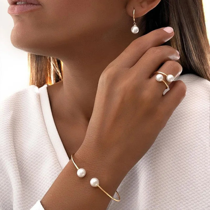 3-piece set of pearl open bracelets, rings, earrings, simple light luxury high-end accessories, banquet gifts