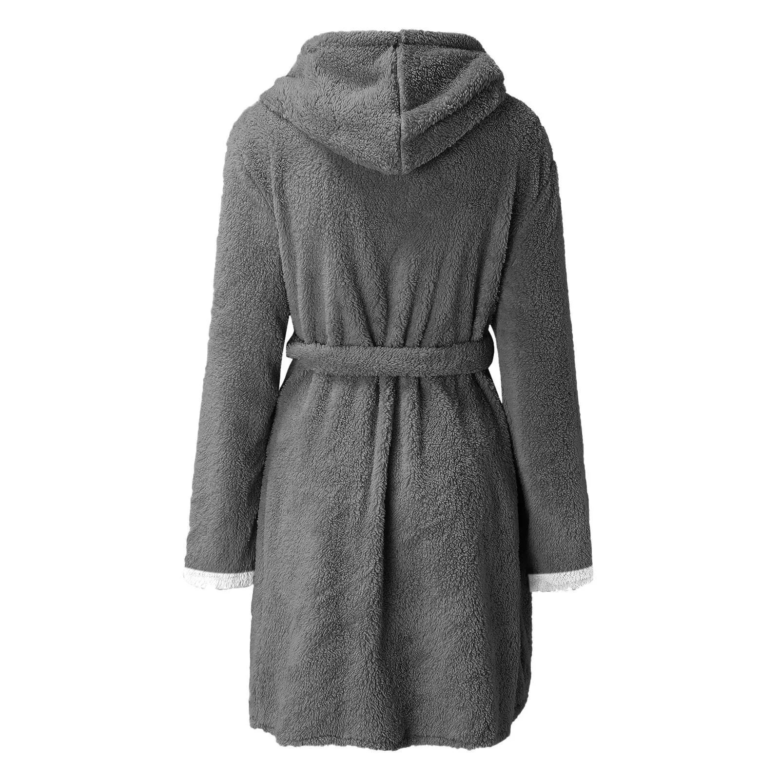 Women's Winter Casual Plush Robe Solid Color Matching Double Pocket Strappy Nightgown Fuzzy Bathrobe Coats Home Clothed Ladies