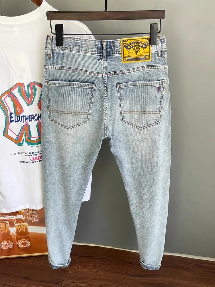 Light Blue Embroidered Jeans Men's Summer Slim Fit Nine-Piece Waed Casual Pants Breathable Straight Leg Jeans Youth Trend