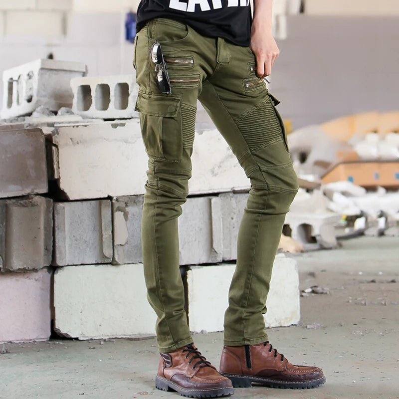 Men's Jeans Green Denim Biker Jeans Skinny New Runway Distressed Slim Elastic Homme Hip Hop Military Motorcycle Cargo Pants
