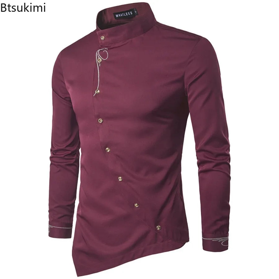 2025 Men's Oblique Button Dress Shirt High Quality Long Sleeve Slim Embroidery Shirts Men Stand Collar Business Wedding Camisas