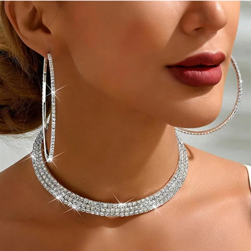 Fashion Crystal Necklace Earrings Set For Women Shining Chunky Necklace Big Hoop Earrings Sets Jewellery Women Wedding  Jewelry
