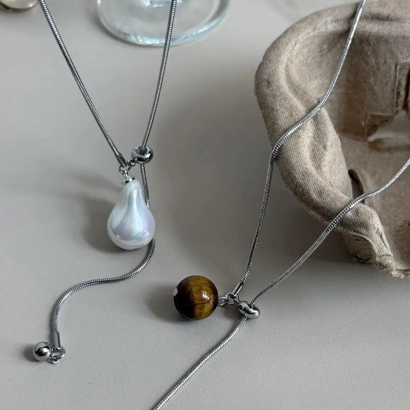 For Women Adjustable Chain Sweater Accessories Fashion Jewelry Stainless Steel Pearls Long With Baroque Pearls Necklace