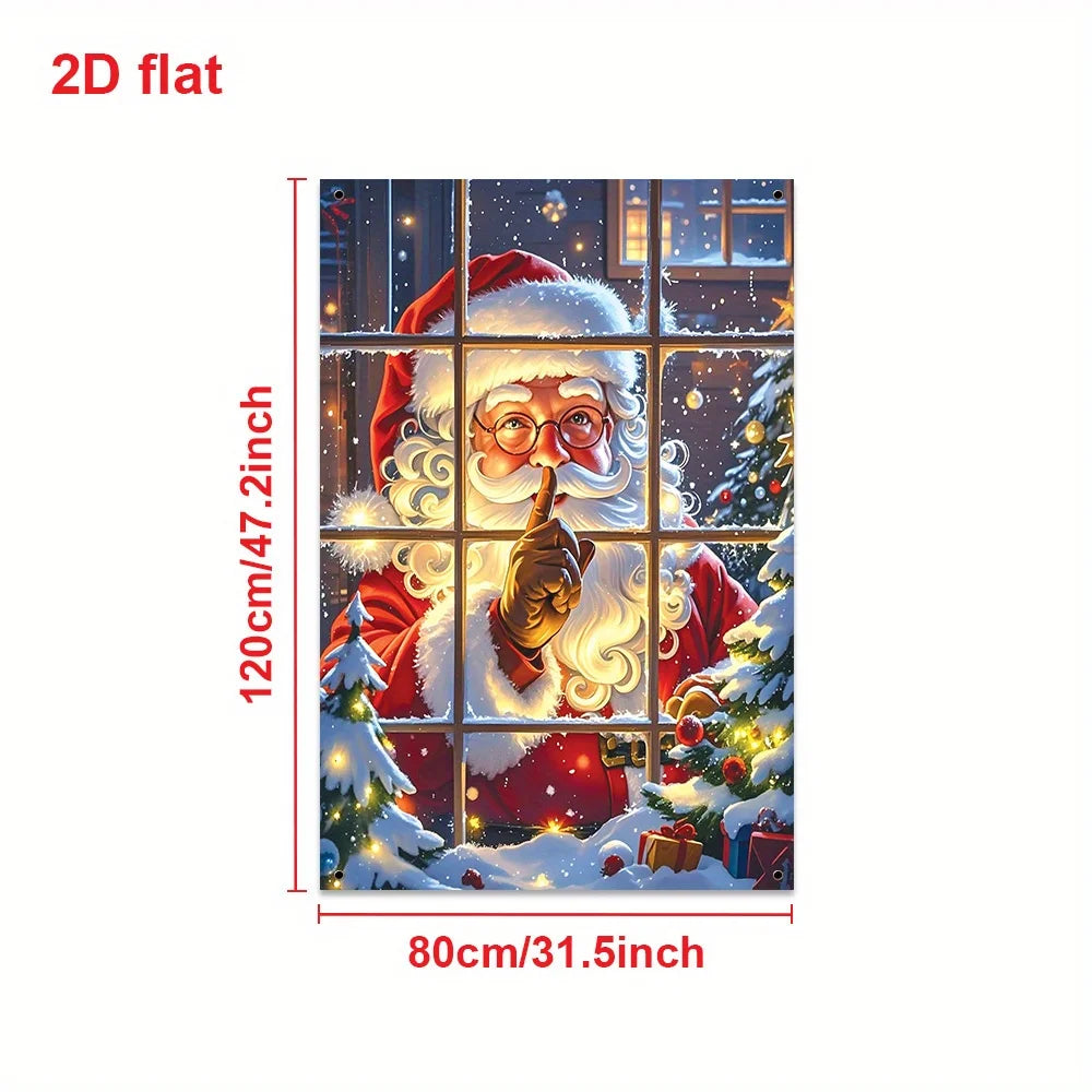 Christmas themed decoration flag, classic Santa Claus in red suit, snow windows, Christmas tree, gifts, and colorful lights