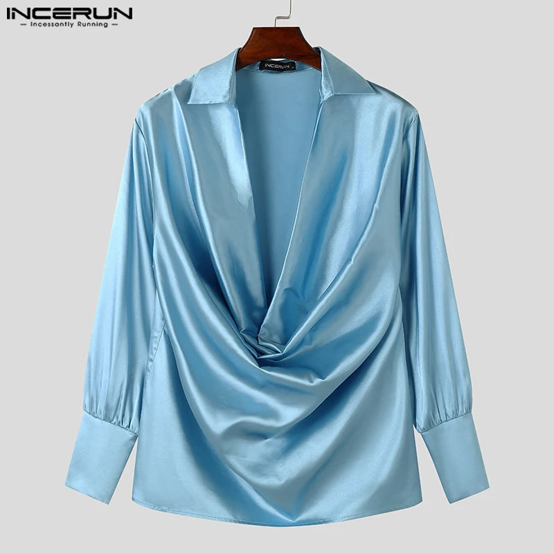 Men Shirts Casual Stylish Style Tops INCERUN Men's Shirts Sexy Male Solid Color V Neck Long Sleeve Fashion Men Clothing 2025