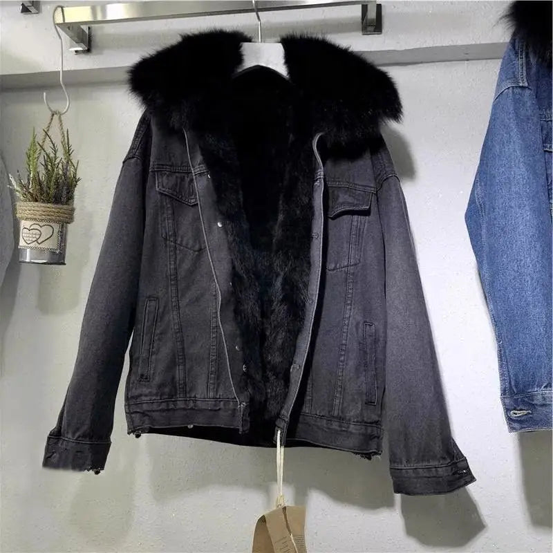 Winter Warm Coats for Women Big Fur Collar Denim Jacket Basic Coat Female Cold Motorcycle Outerwear Fleece Thick Padded Overcoat