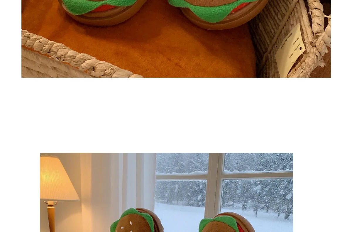 Women's Home Slippers Winter Warm Fuzzy Hamburger Slippers Funny Cute Indoor Rug Flat-Soled Home Shoes Plush Home Slippers
