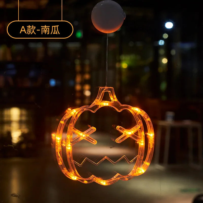 Halloween Decoration Window Lights LED Sucker Lamp Orange Pumpkin Ghost Witch Hat Hanging Lamp Halloween Party Home Decorations