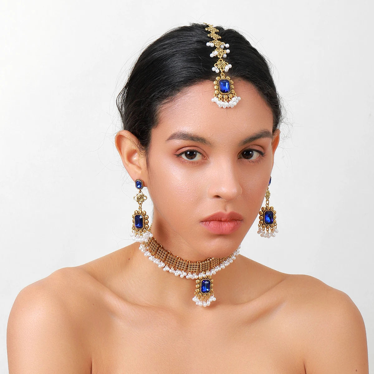 New Dubai Jewelry Set Earring for Women Bridal Wedding Accessories Vintage Geometric Crystal Necklace Forehead Headdress