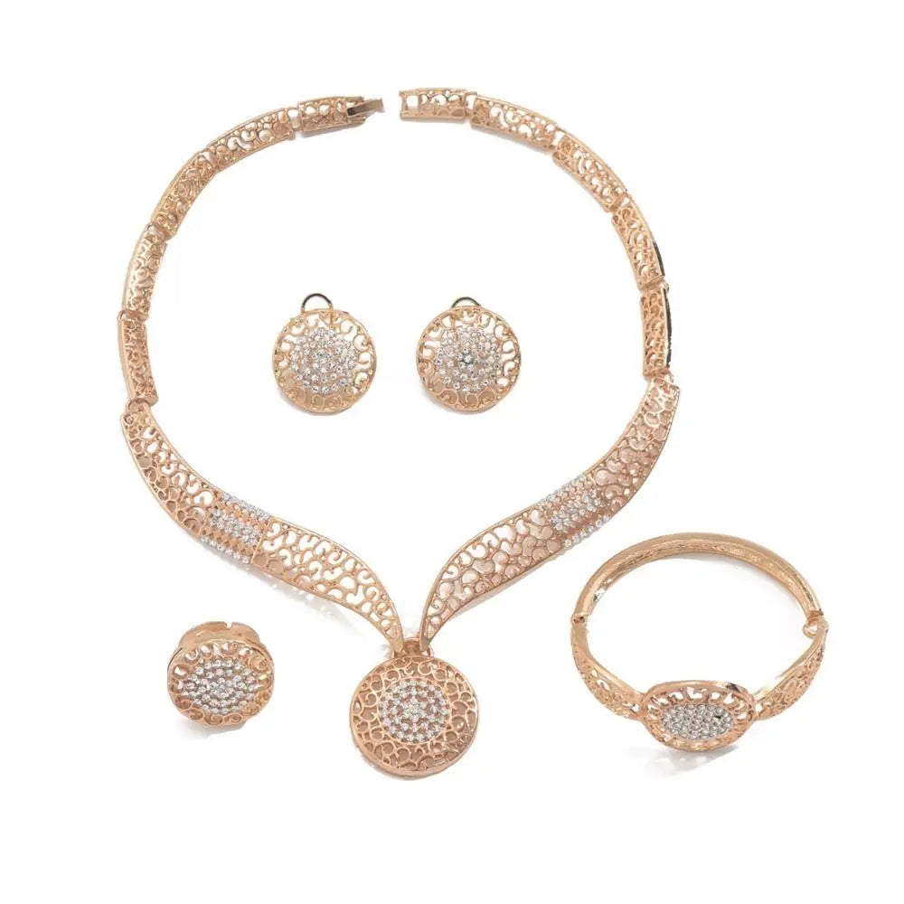 Exquisite Retro Jewelry Sets Shiny Golden Women Necklace Set High Quality Hollow Design Necklaces Bracelets Ring Sets Women