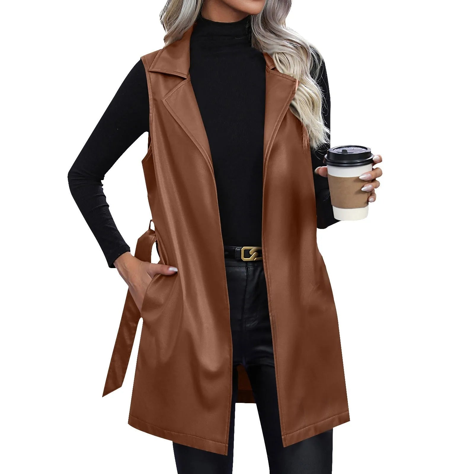 Women Jackets Fashion Leather Vest Sleeveless Coat Suit Collar Slim Spring Autumn Windbreaker Coat For Outdoor Daily Wear