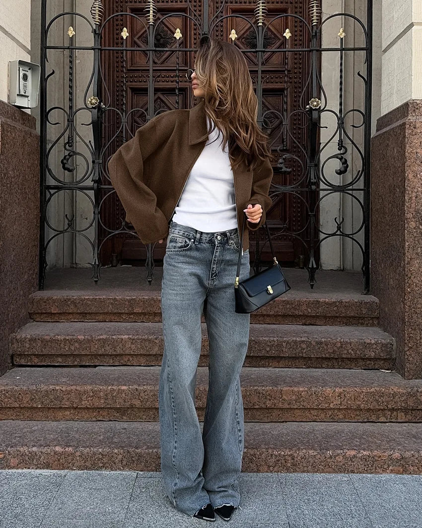 Women's Brown Wool Zipper Jacket for Autumn and Winter-Longsleeved Lapel Short Coat-Fashionable Casual Street Commuter Outerwear