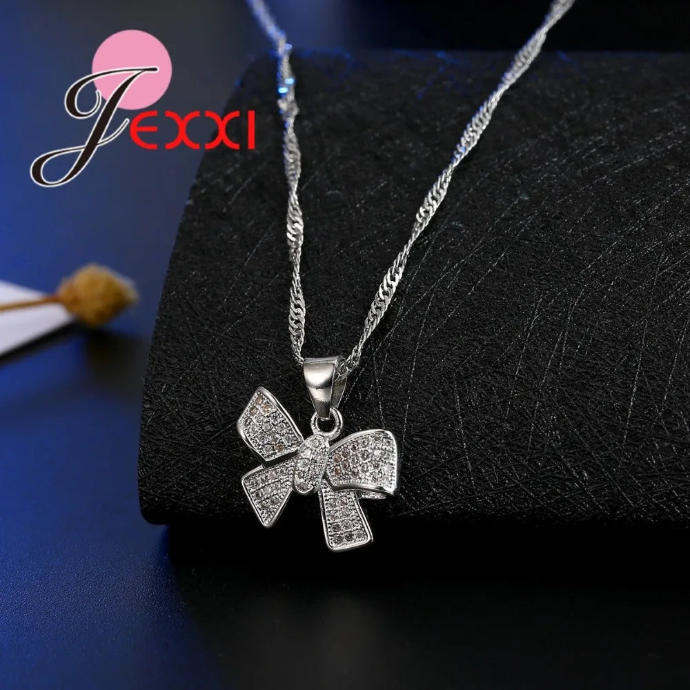 Classic Women Tow Tie Jewelry Sets Full Rhinestone Zircon Statement Necklace Earrings 925 Sterling Silver Set Accessory