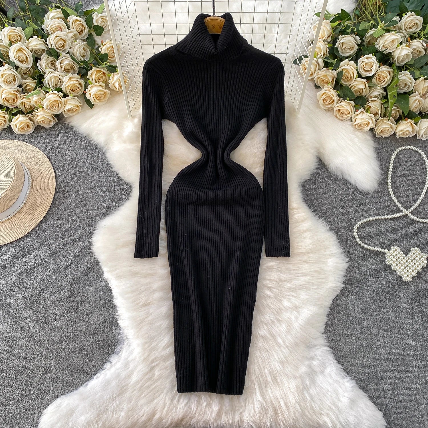 Women Winter Turtleneck Knittign Dress Stretch Slim Long Sleeve Soft Knitwear Dresses Female Casual Lining Simple Bottom Vestido