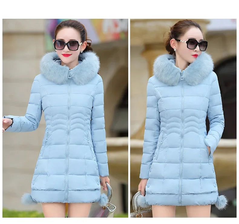 Winter Jacket Women 2024 Winter Coat Pure Color Casual Fur Collar Hooded Long Hooded Cotton Lady Jacket