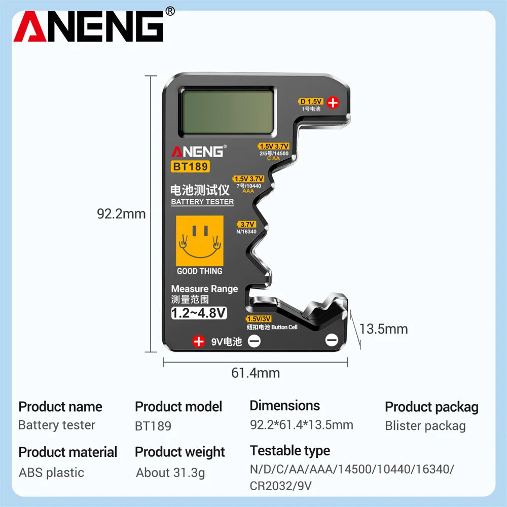 ANENG BT189 Universal Battery Tester for C,AA,AAA,D,N,9V 6F22 Batteries 1.5V 3V Button Cell Battery Indicator Electric Tools