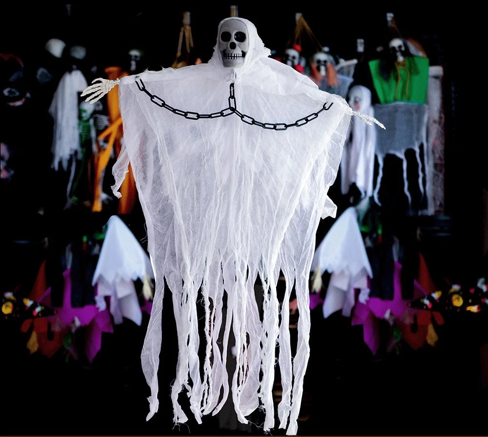 Halloween Decoration Prisoner Ghost In Cage Scary Skull Prop Electric Skeleton Toy Glowing Eye Sound Doll Hangable Talking Ghost