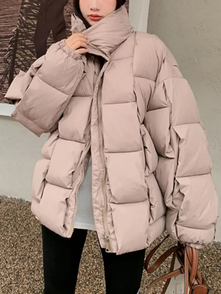 Winter Jacket for Women Three-dimensional Plaid Woven Fashion Coat Solid High Street Warm and Thick 2023 Winter New Down Jacket