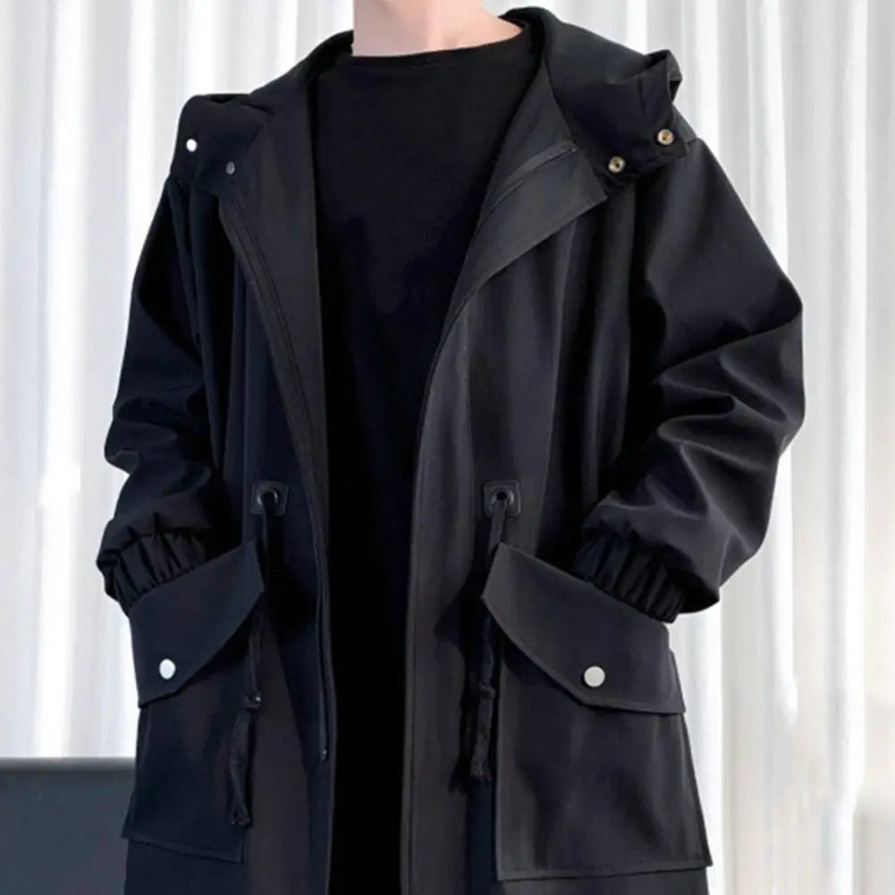 Long Trench Coat Jacket Men Autumn Spring Black Hip Hop Japanese Coats Streetwear Male Hooded Green Khaki Casual Jackets