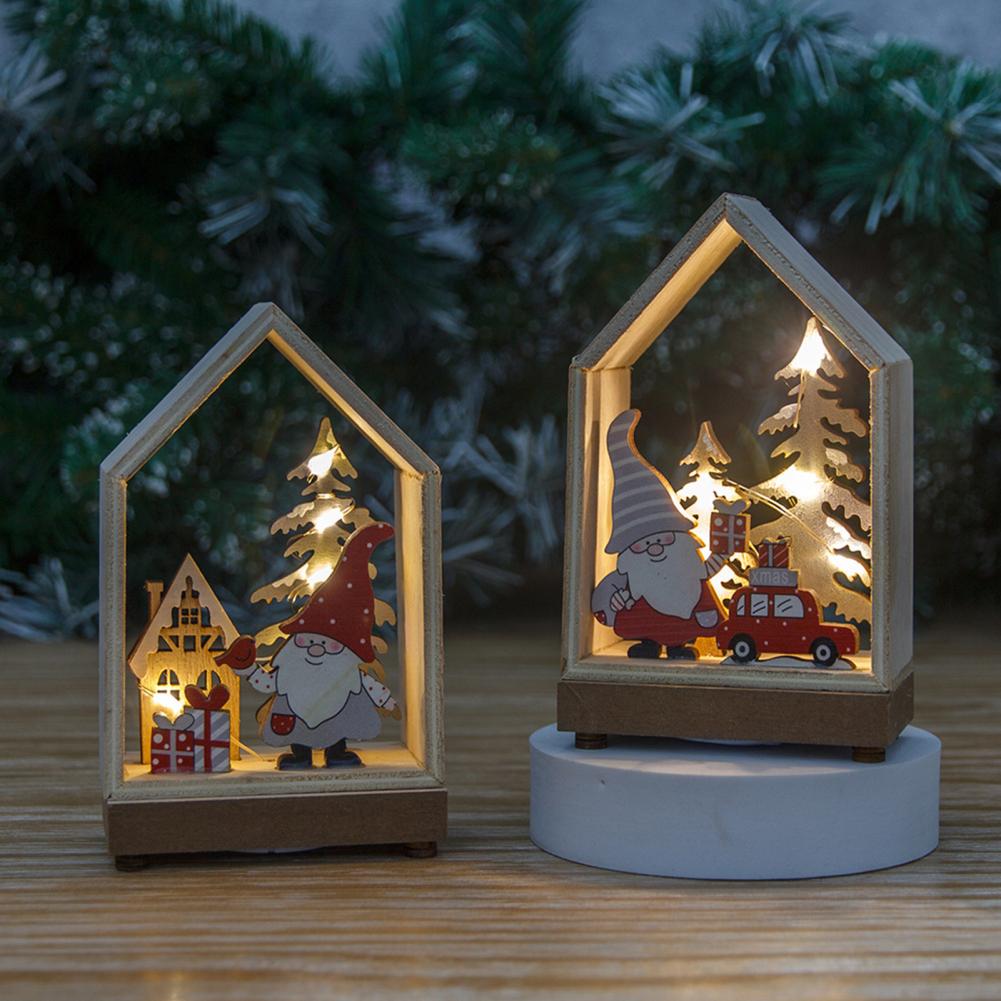 Christmas Ornaments Xmas LED Wooden House Glowing Santa Claus Wooden House Ornament For Party Home Desktop Decor