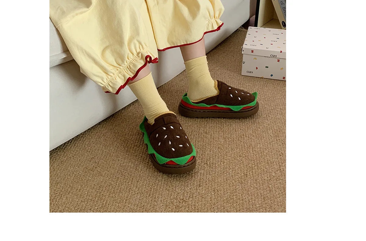 Women's Home Slippers Winter Warm Fuzzy Hamburger Slippers Funny Cute Indoor Rug Flat-Soled Home Shoes Plush Home Slippers