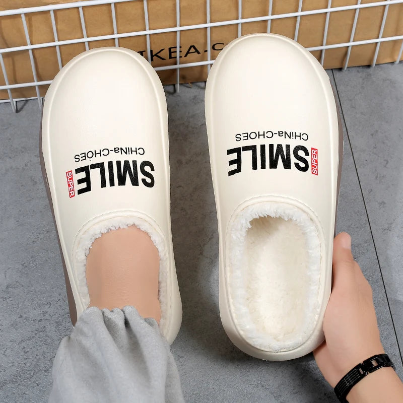 Winter Men Warm Slippers Cotton Slippers Outdoor Indoor Warm Shoes Waterproof Men Couple Comfortable Home Bedroom Plush Slippers